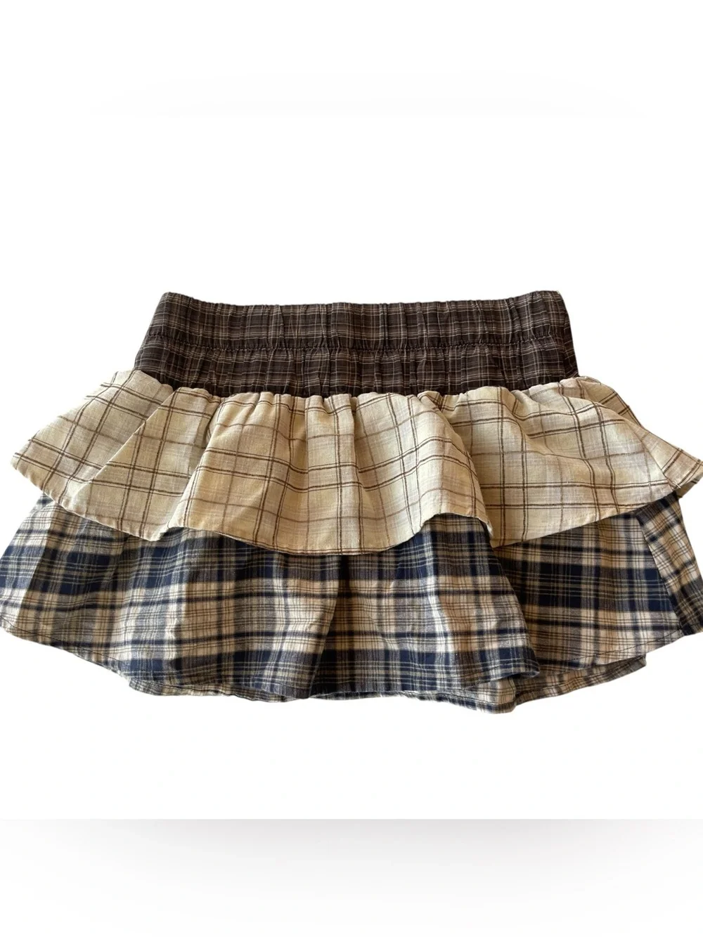 Emerson Lang Plaid Patchwork Mini Skirt Smocked Waist Y2K Cottagecore S M